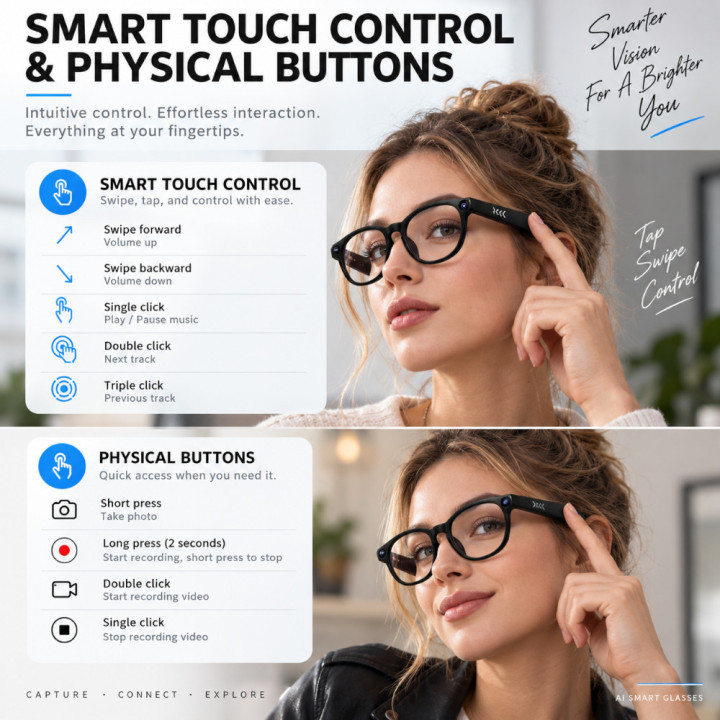 Cyrux CY05 AI Smart Glasses – 8MP Camera, 1080p Video, Photochromatic Lenses & Star Glasses AI – Black